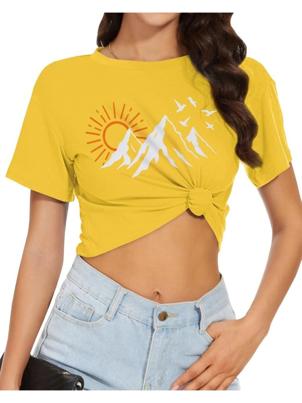 〽️Women Yellow Sun Mountains Short Sleeve Round Neck Loose Fit Summer Crop Tops